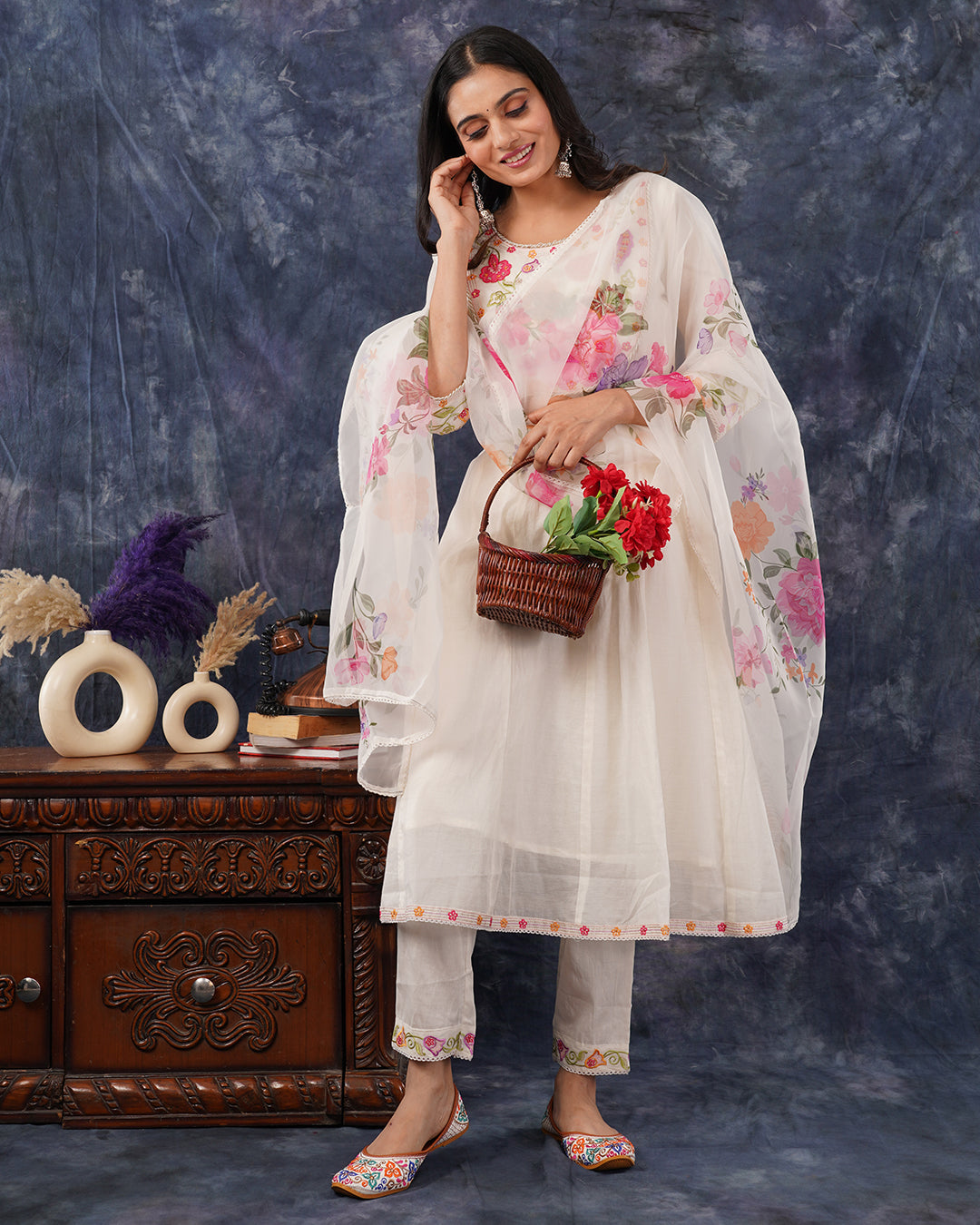 Elegant Off-White Floral Embroidered Kurta Set with Printed Orgaza Dupatta