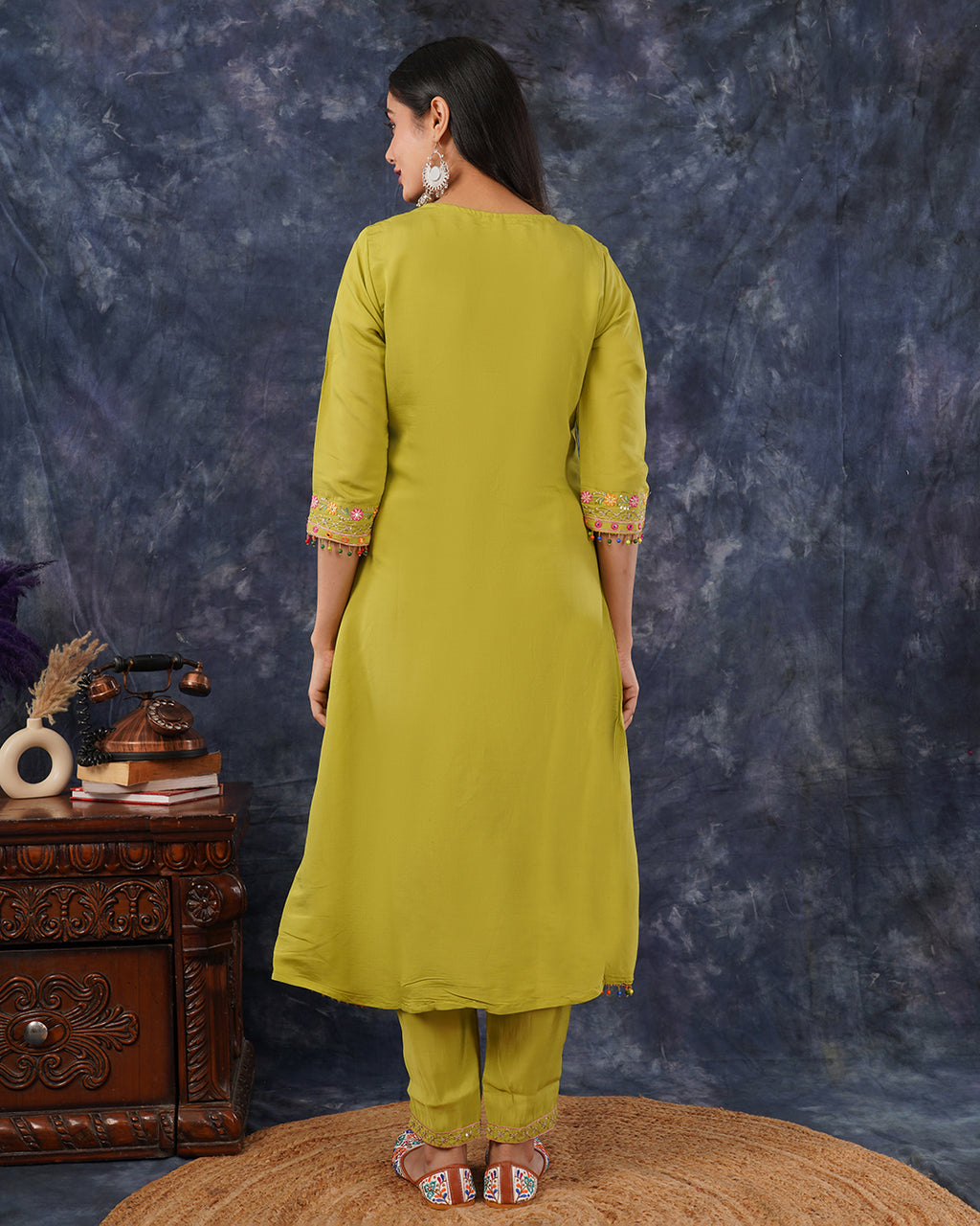 Lime Green Embroidered Straight Kurta Set with Tassel Detail & Dupatta