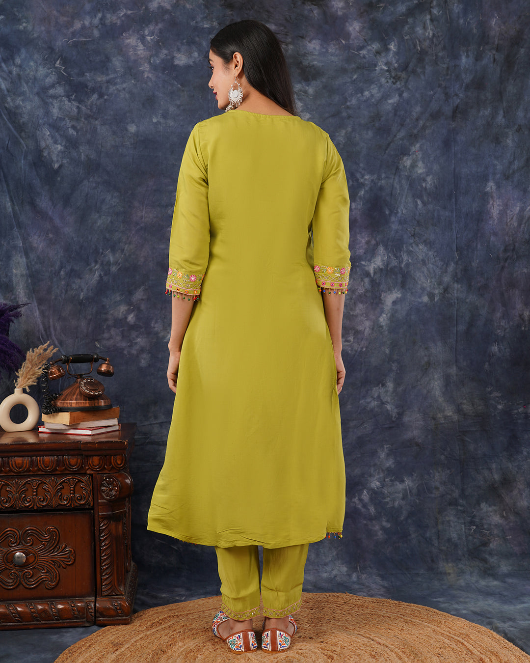 Lime Green Embroidered Straight Kurta Set with Tassel Detail & Dupatta