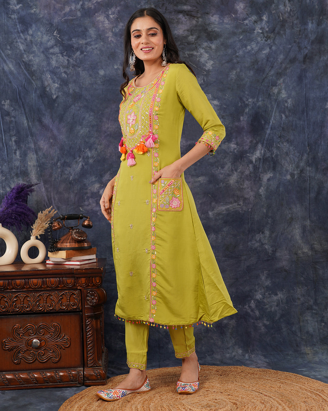 Lime Green Embroidered Straight Kurta Set with Tassel Detail & Dupatta
