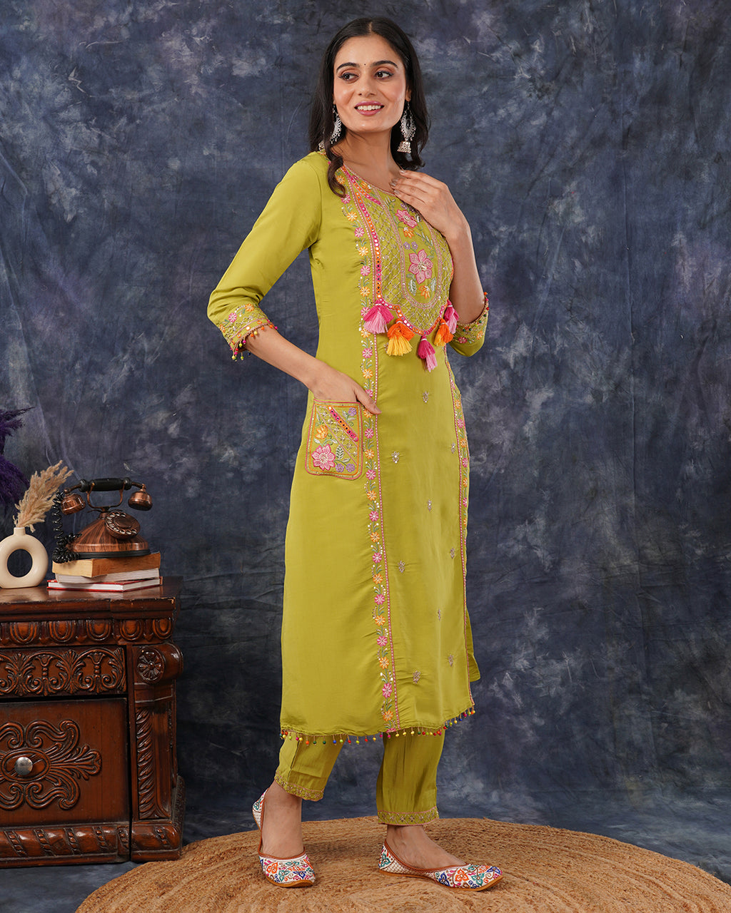 Lime Green Embroidered Straight Kurta Set with Tassel Detail & Dupatta