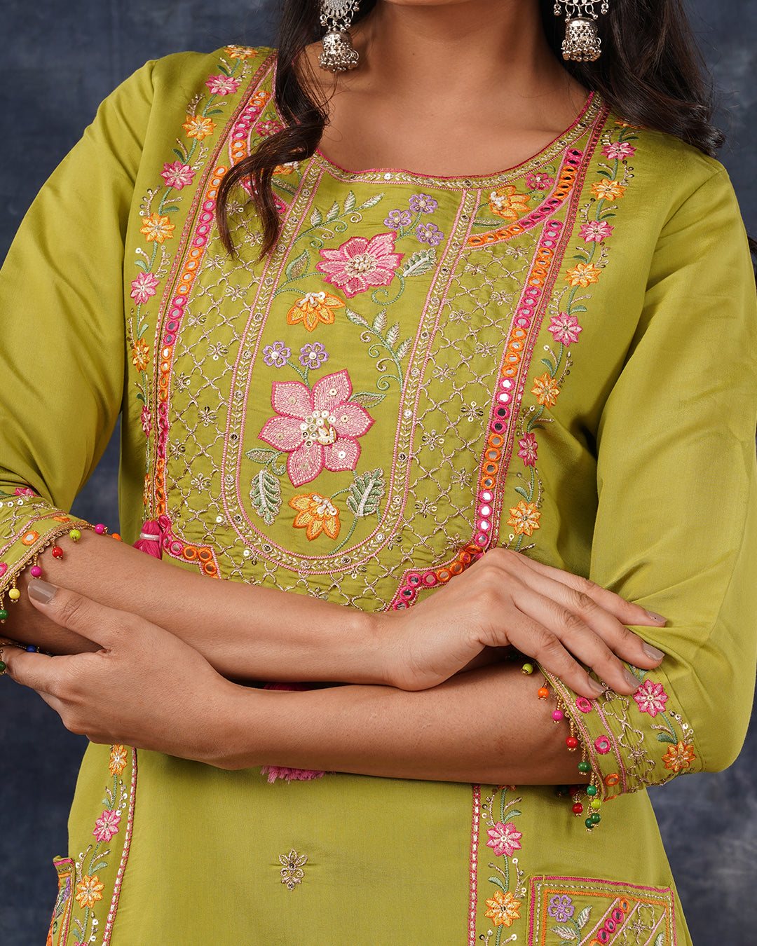 Lime Green Embroidered Straight Kurta Set with Tassel Detail & Dupatta