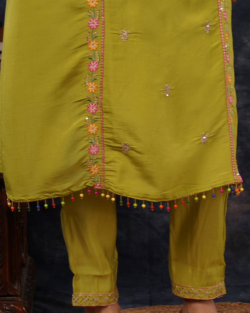 Lime Green Embroidered Straight Kurta Set with Tassel Detail & Dupatta