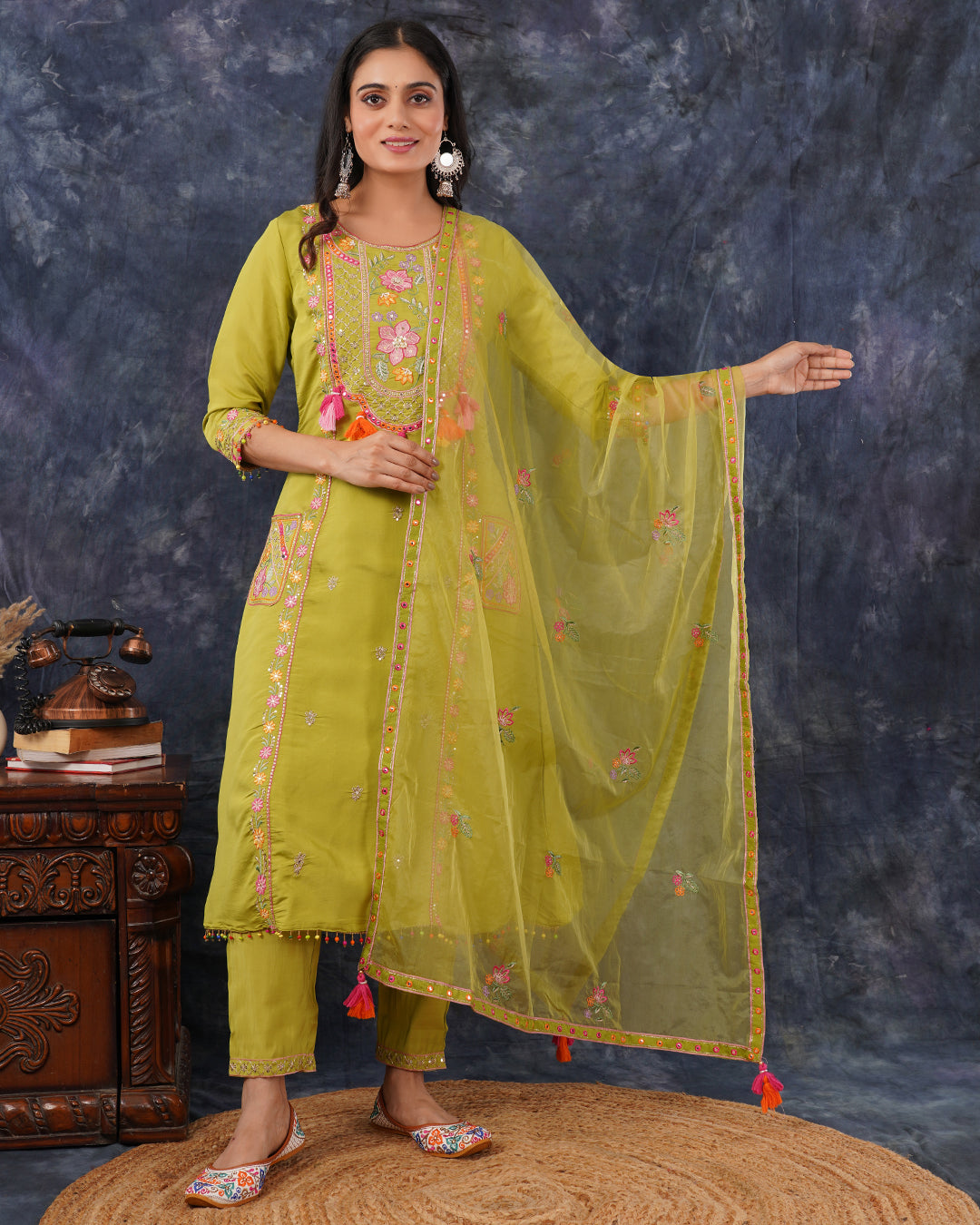 Lime Green Embroidered Straight Kurta Set with Tassel Detail & Dupatta