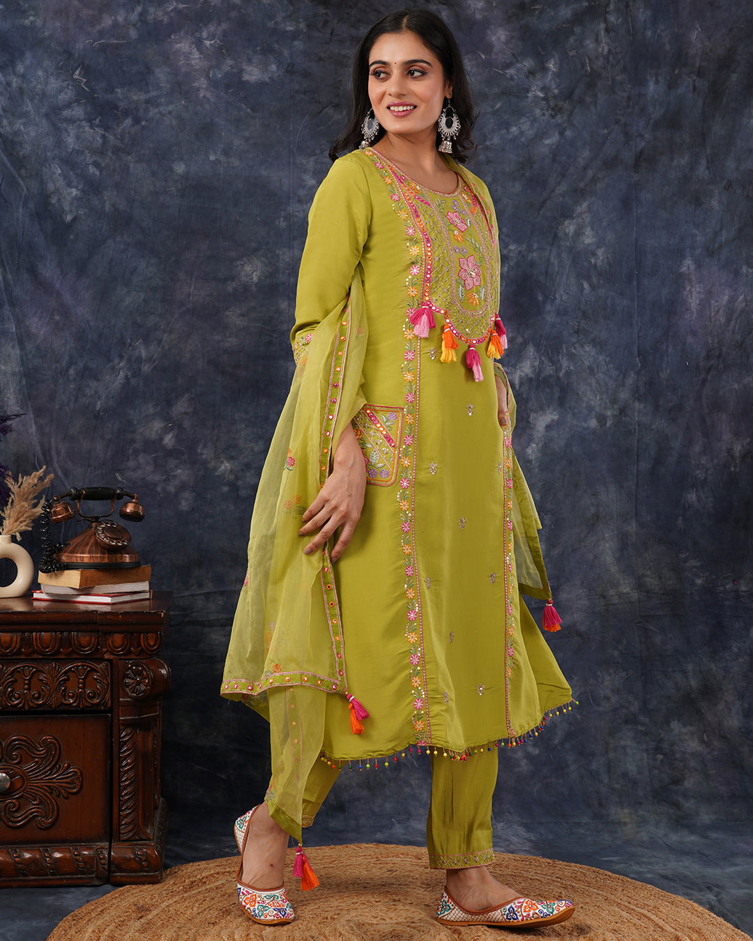 Lime Green Embroidered Straight Kurta Set with Tassel Detail & Dupatta