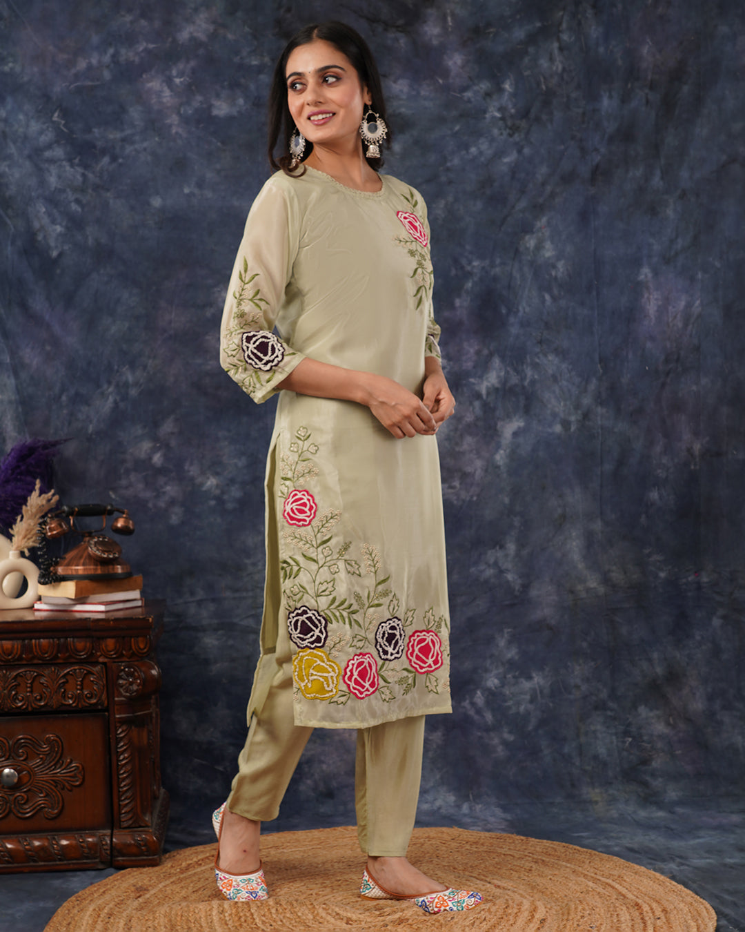 Pastel Green Blend Straight Kurta Dupatta Set with Subtle Embrodiery