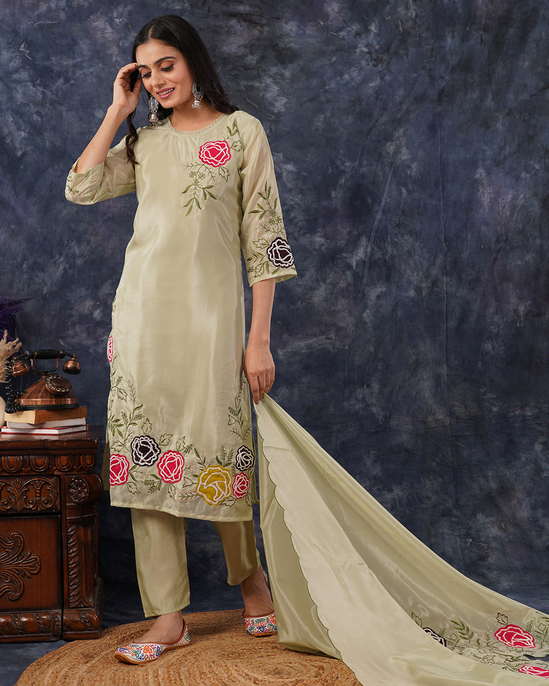 Pastel Green Blend Straight Kurta Dupatta Set with Subtle Embrodiery