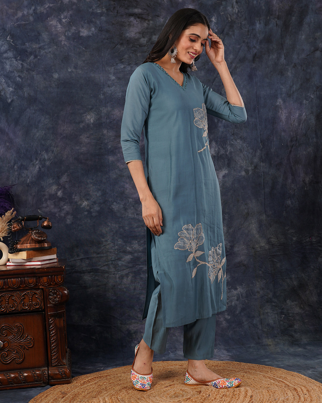 Decent Teal Blue 3-Piece Cotton Suit with White Floral Embroidery & Organza Dupatta