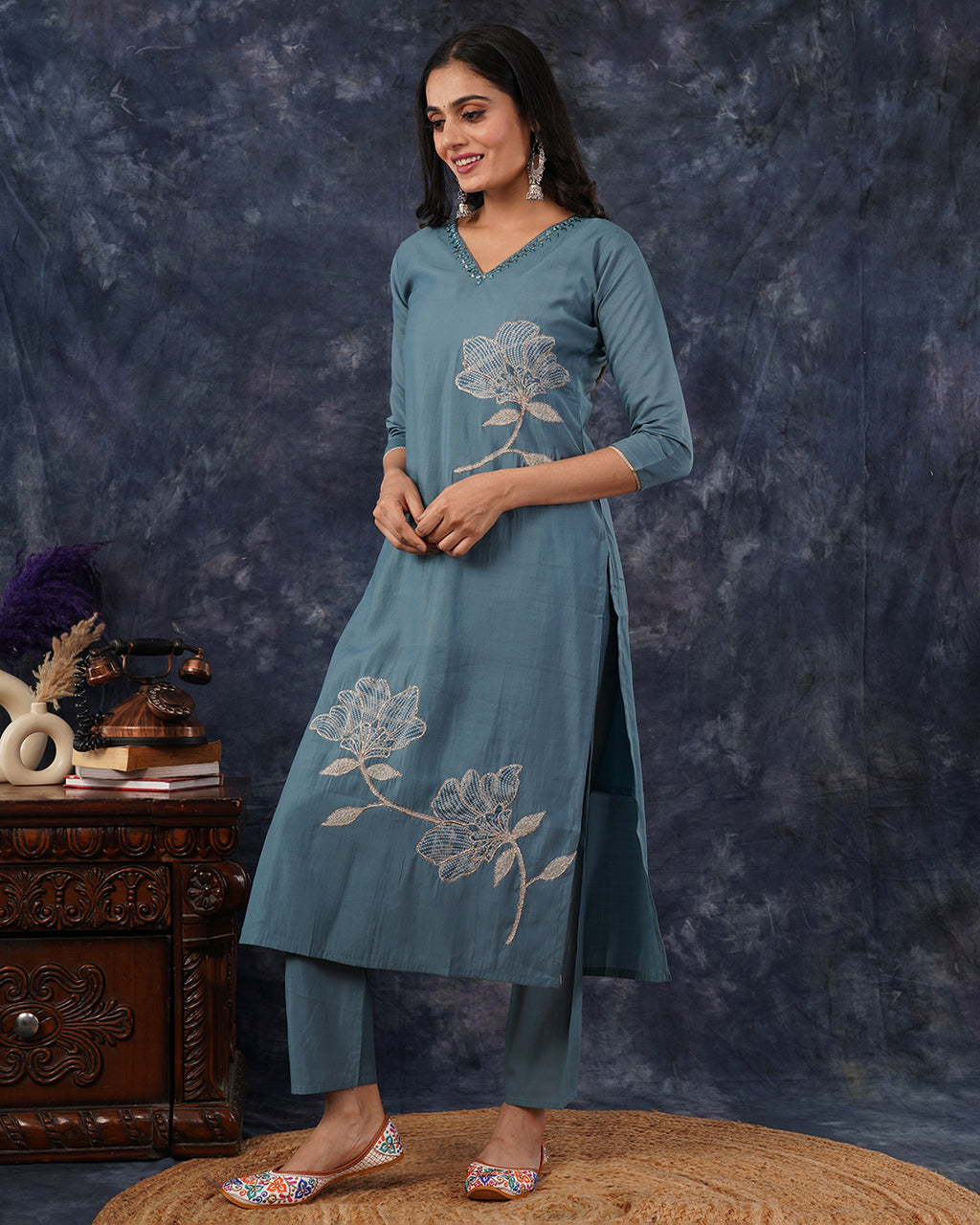 Decent Teal Blue 3-Piece Cotton Suit with White Floral Embroidery & Organza Dupatta