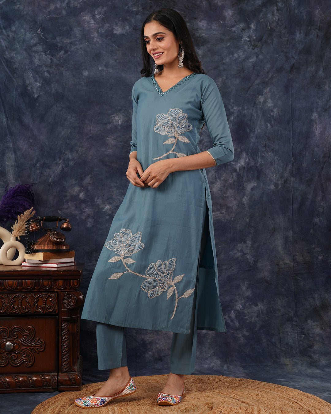 Decent Teal Blue 3-Piece Cotton Suit with White Floral Embroidery & Organza Dupatta