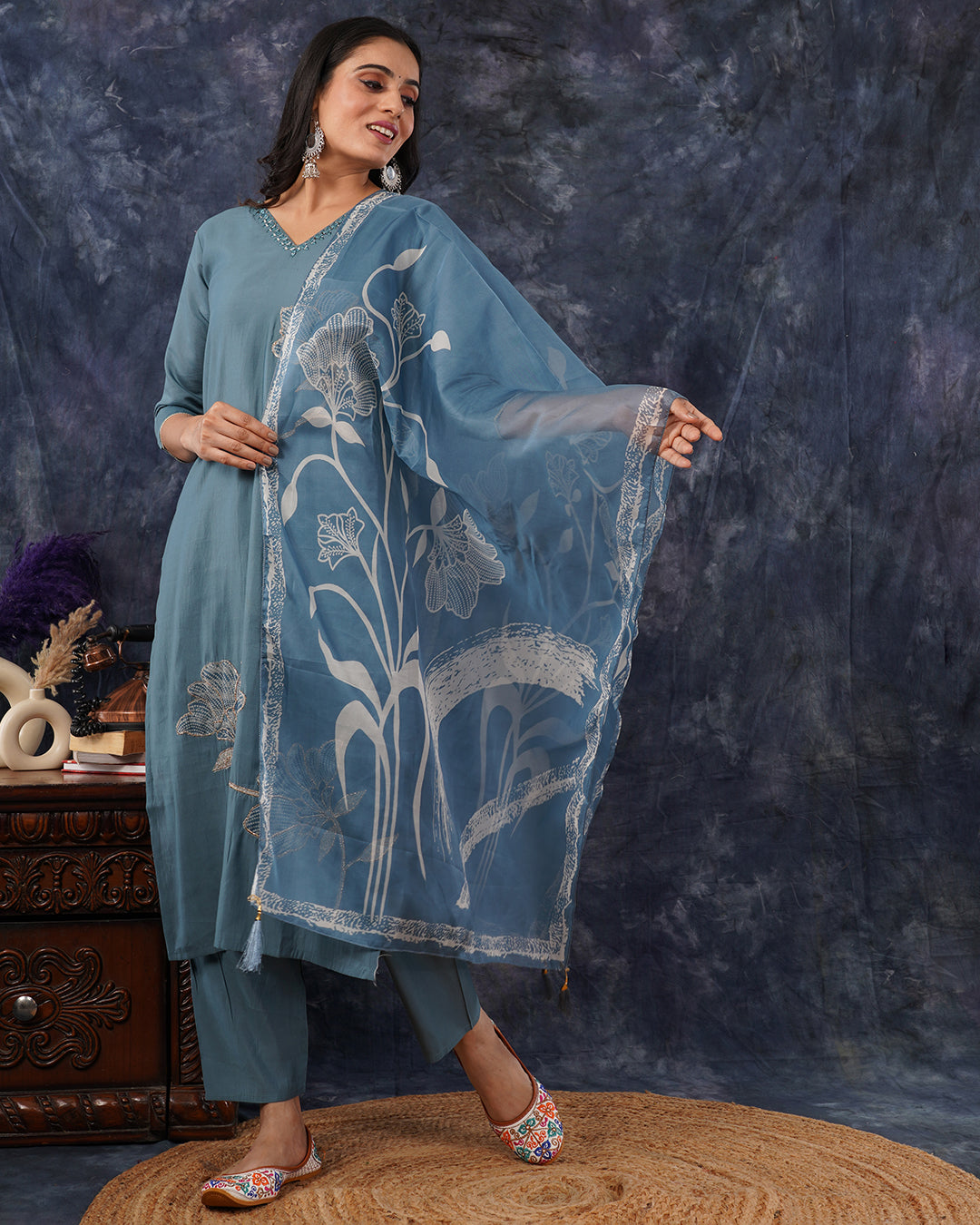 Decent Teal Blue 3-Piece Cotton Suit with White Floral Embroidery & Organza Dupatta