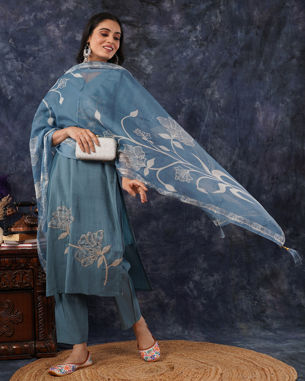 Decent Teal Blue 3-Piece Cotton Suit with White Floral Embroidery & Organza Dupatta