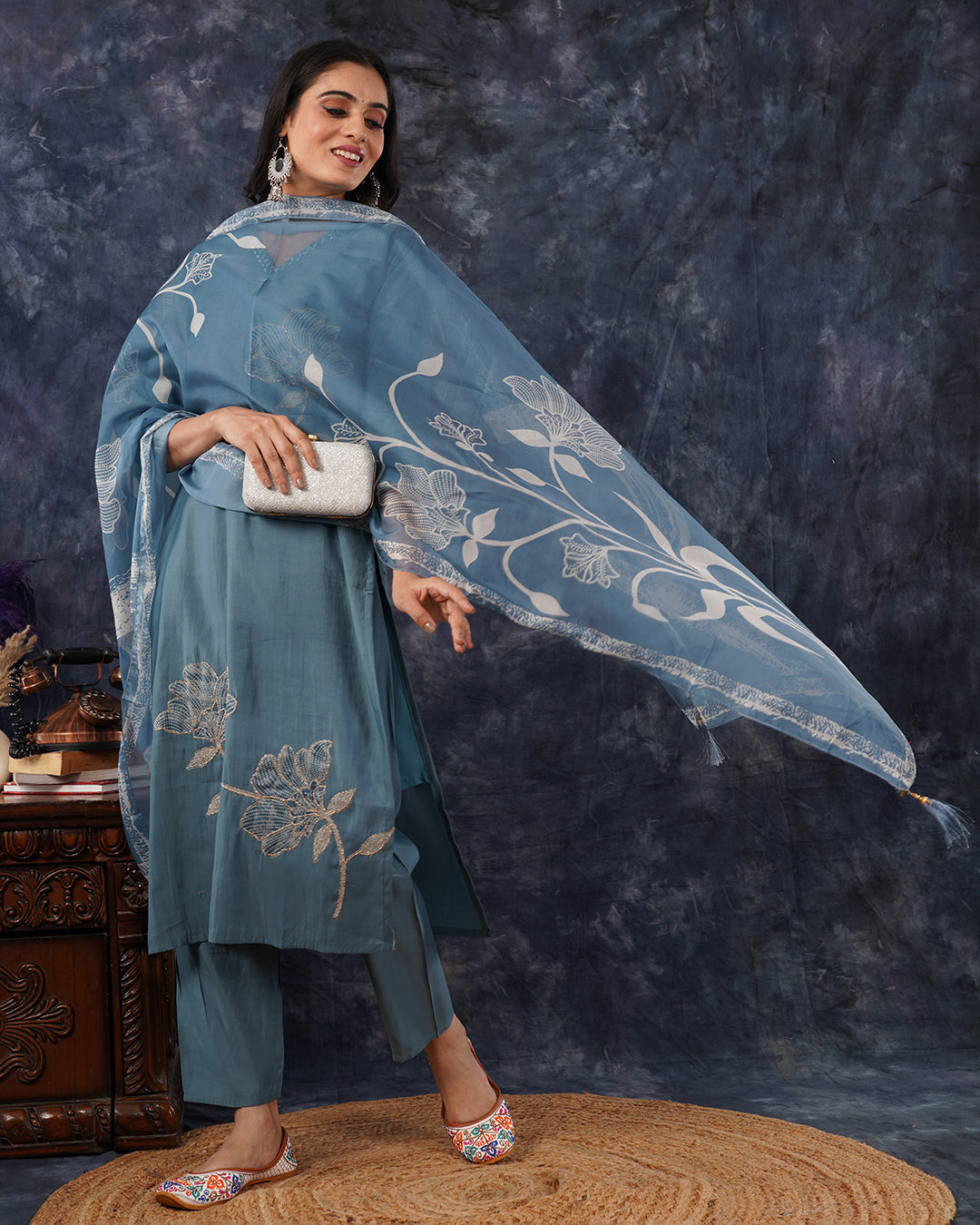 Decent Teal Blue 3-Piece Cotton Suit with White Floral Embroidery & Organza Dupatta