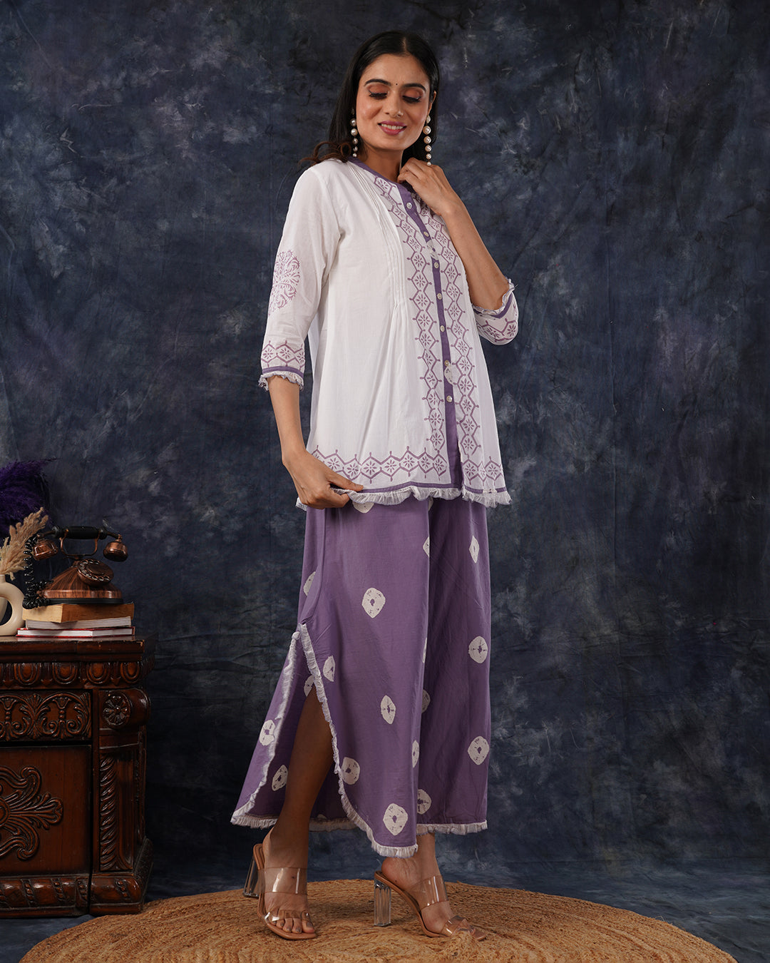 Classic White & Mute Lavender Ruffle Co-Ords Set