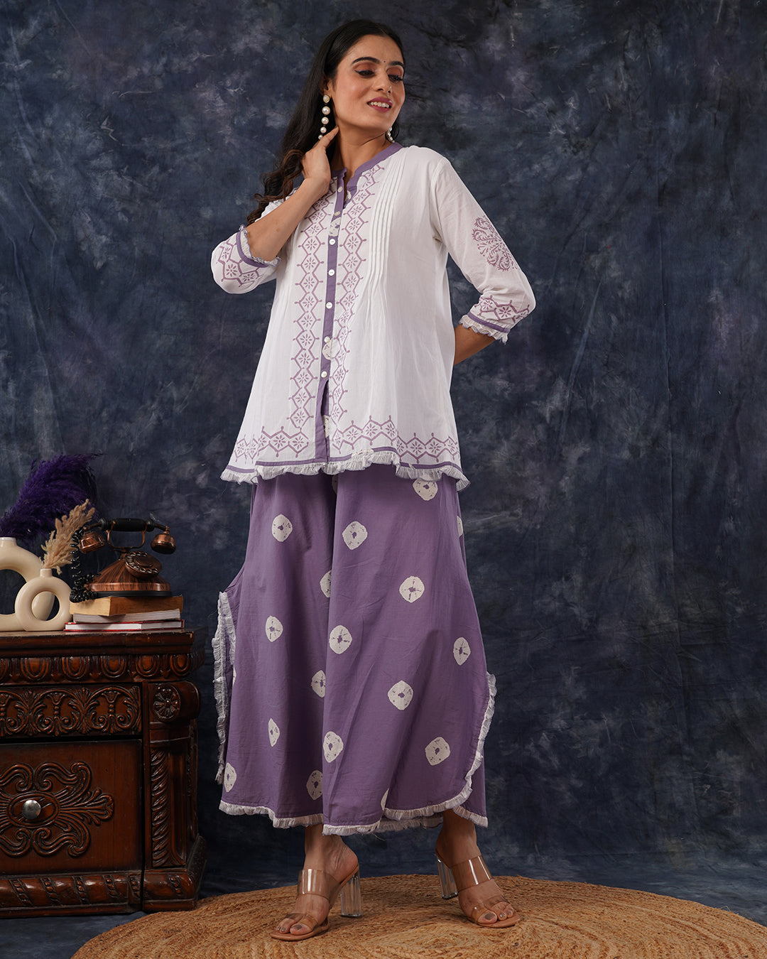 Classic White & Mute Lavender Ruffle Co-Ords Set
