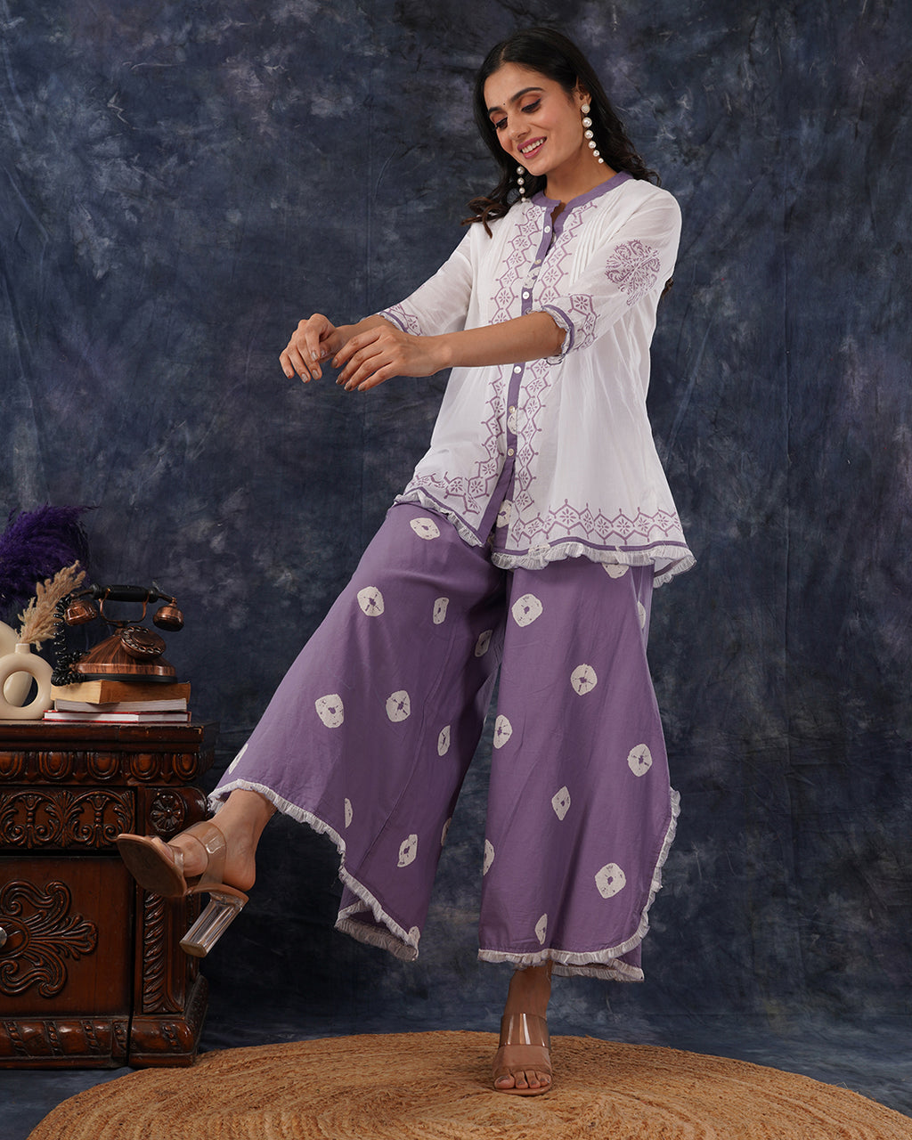 Classic White & Mute Lavender Ruffle Co-Ords Set