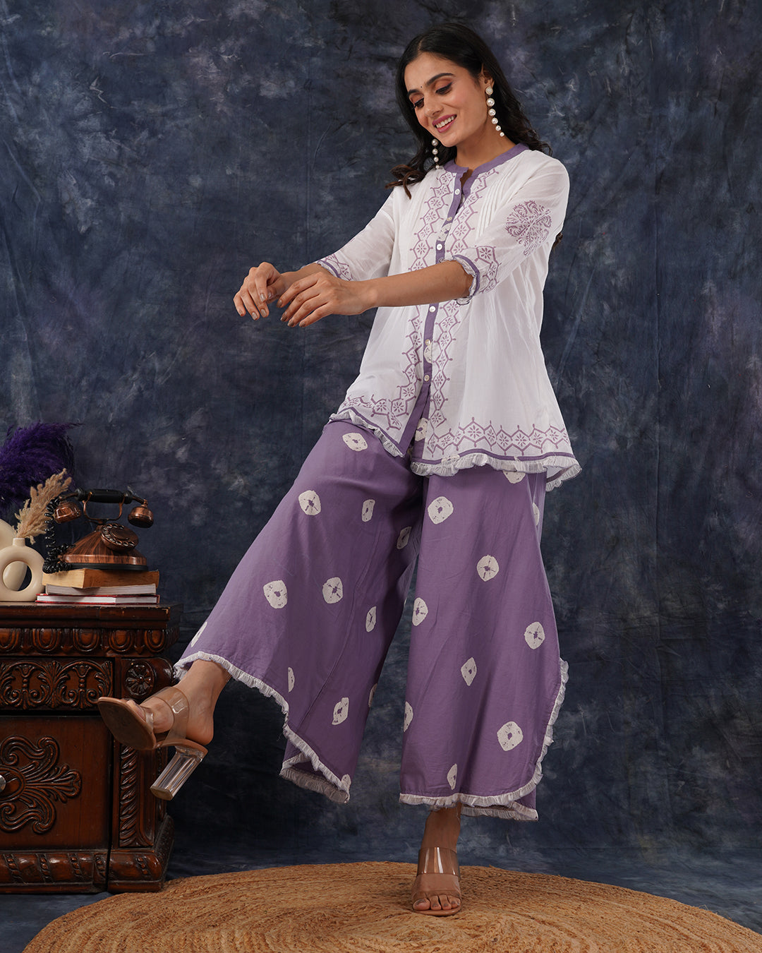 Classic White & Mute Lavender Ruffle Co-Ords Set
