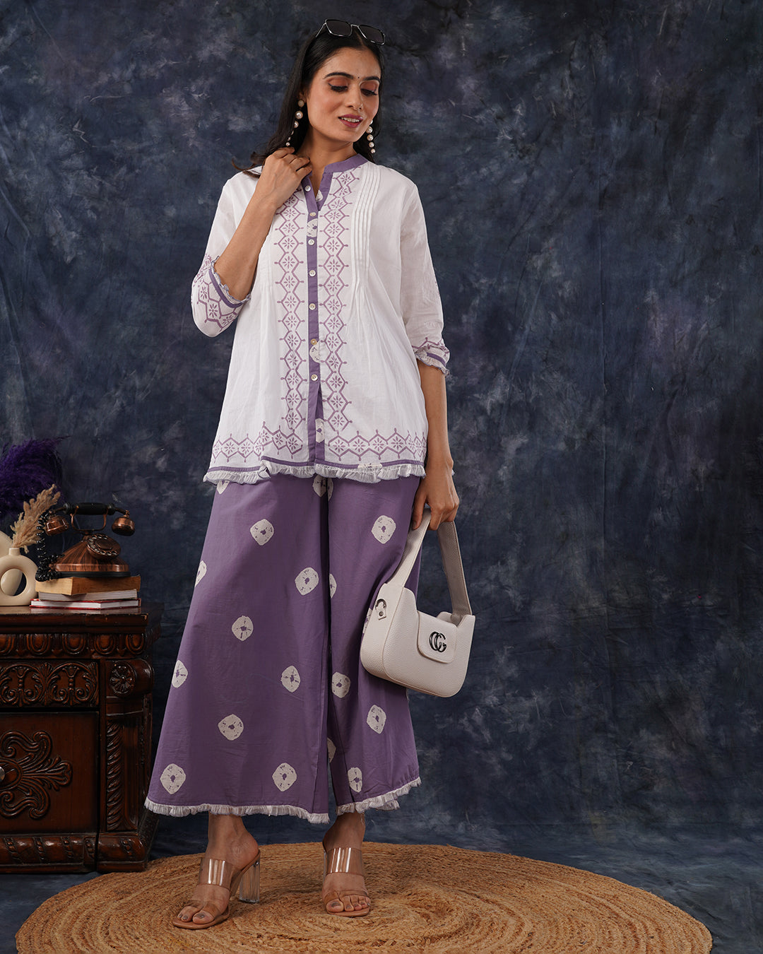 Classic White & Mute Lavender Ruffle Co-Ords Set