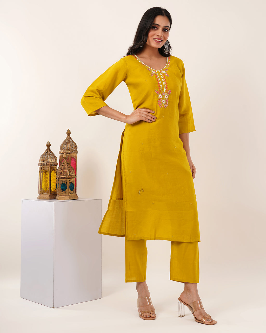 Mustard Radiance Floral Embellished Three-Piece