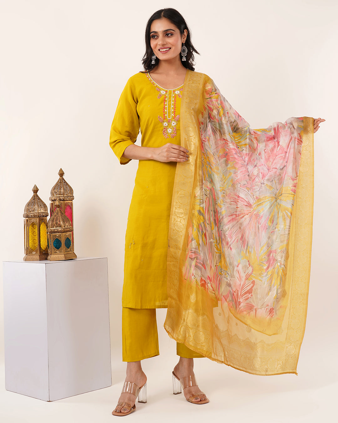 Mustard Radiance Floral Embellished Three-Piece