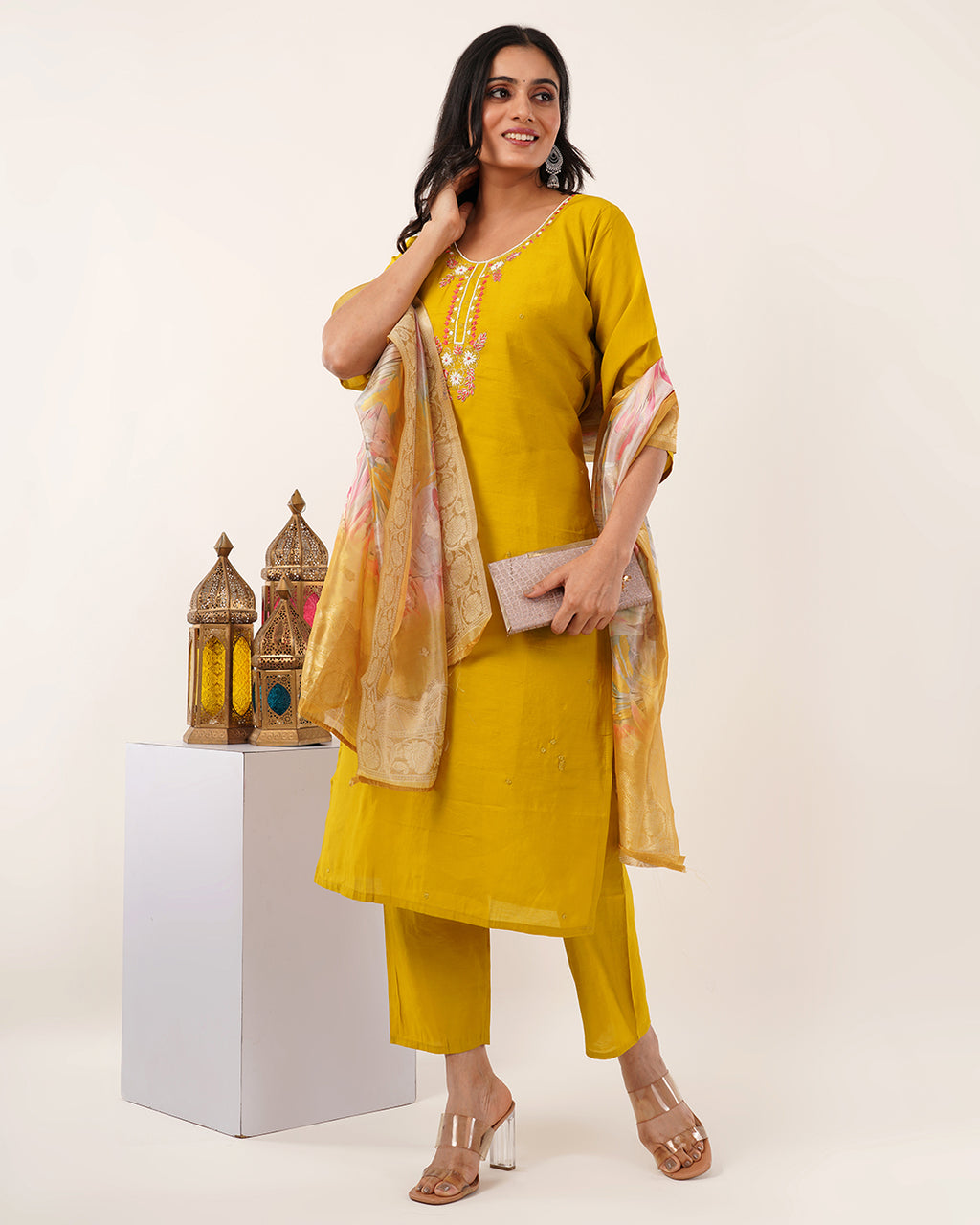 Mustard Radiance Floral Embellished Three-Piece