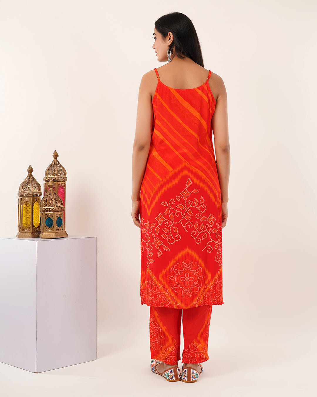 Tangerine Glow Tie-Strap Bandhej Ensemble Kurta Set