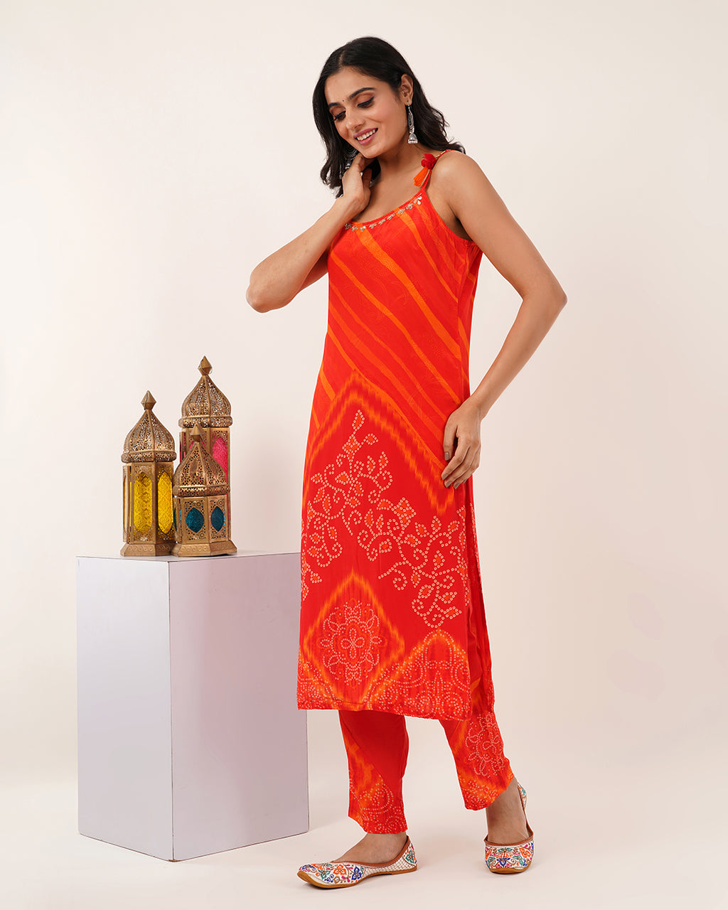 Tangerine Glow Tie-Strap Bandhej Ensemble Kurta Set