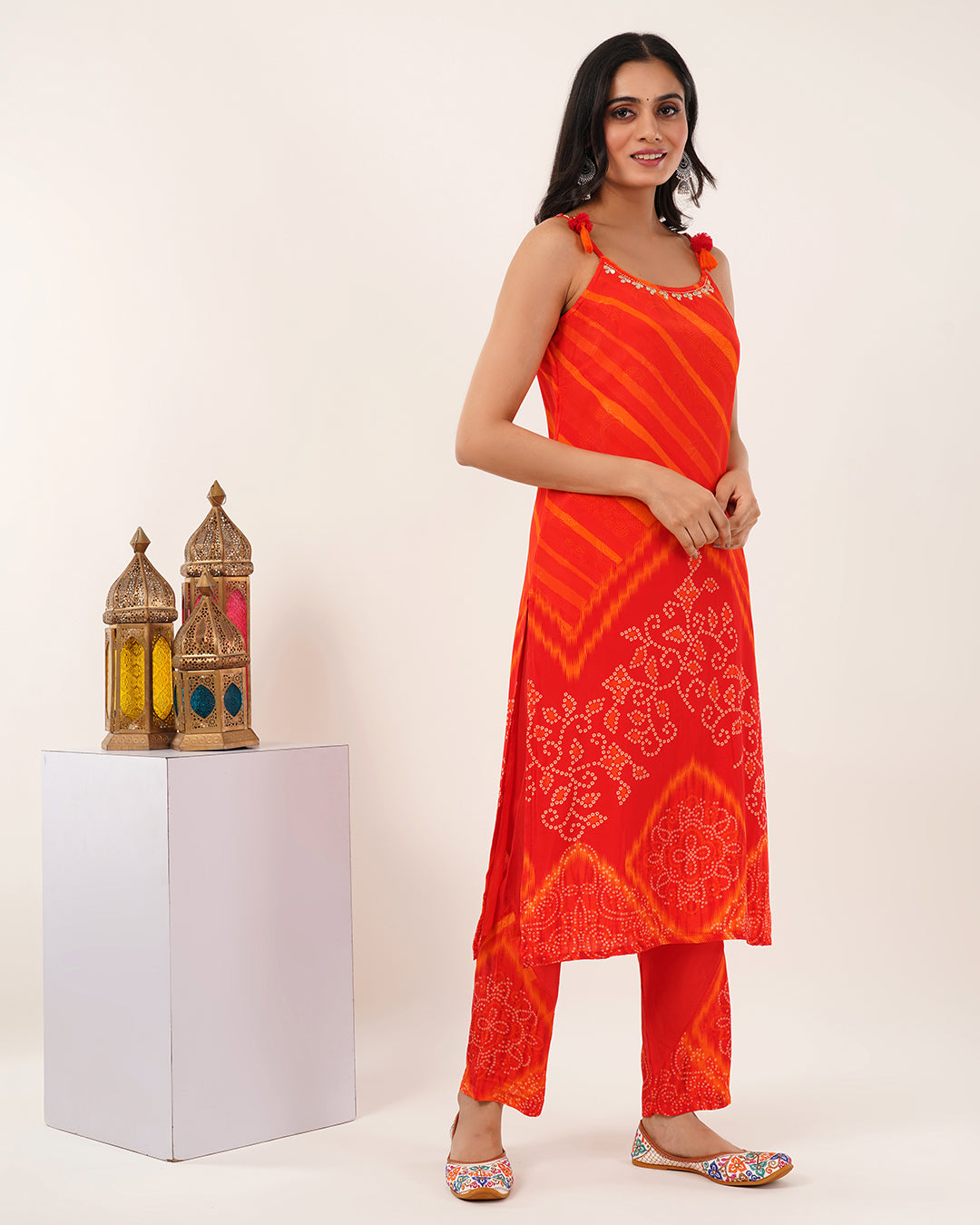 Tangerine Glow Tie-Strap Bandhej Ensemble Kurta Set