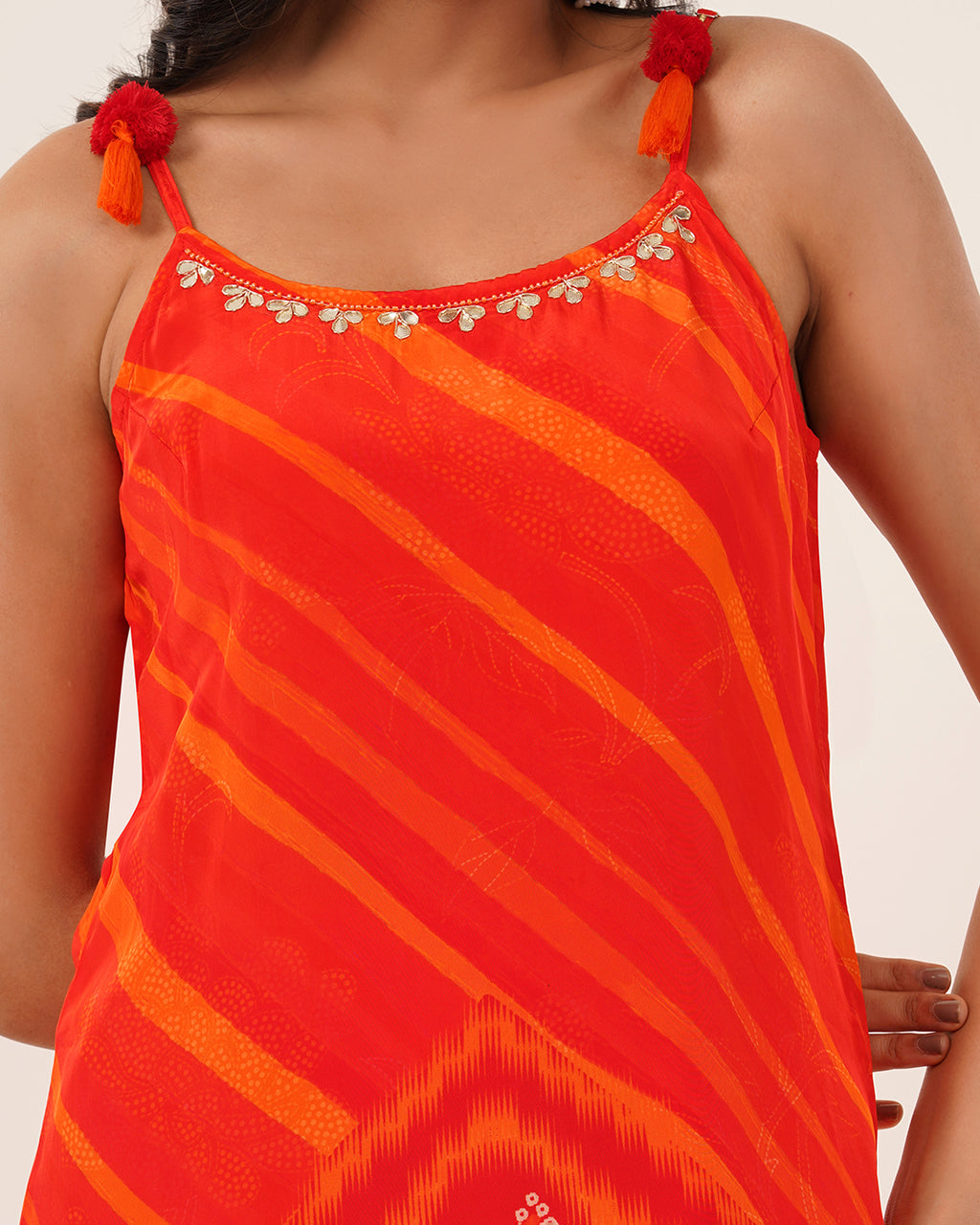 Tangerine Glow Tie-Strap Bandhej Ensemble Kurta Set