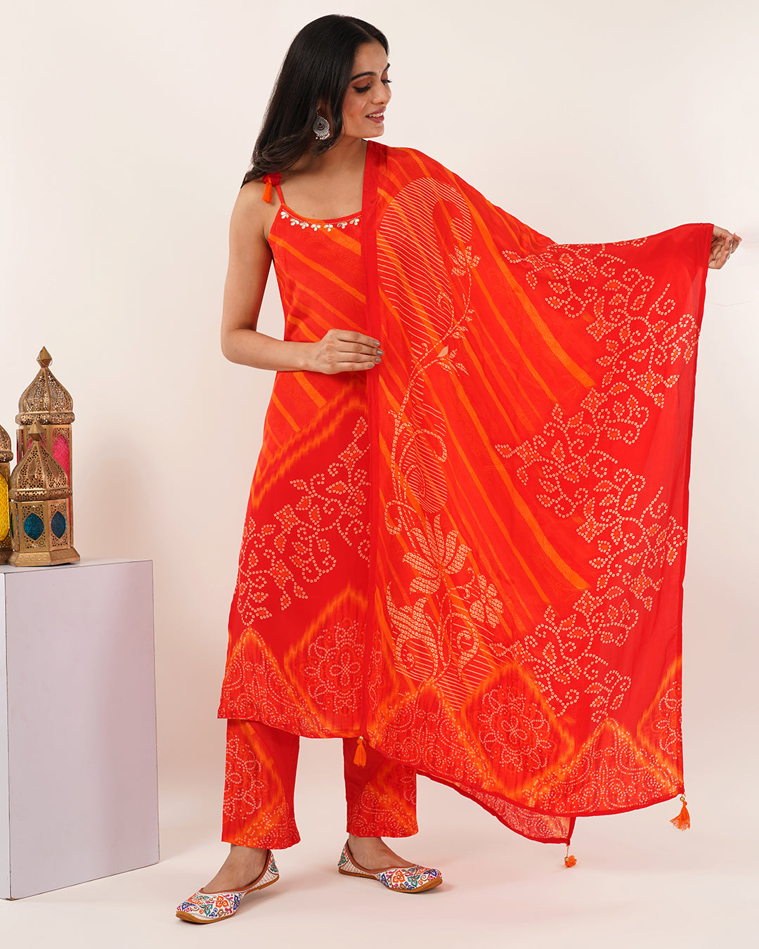 Tangerine Glow Tie-Strap Bandhej Ensemble Kurta Set