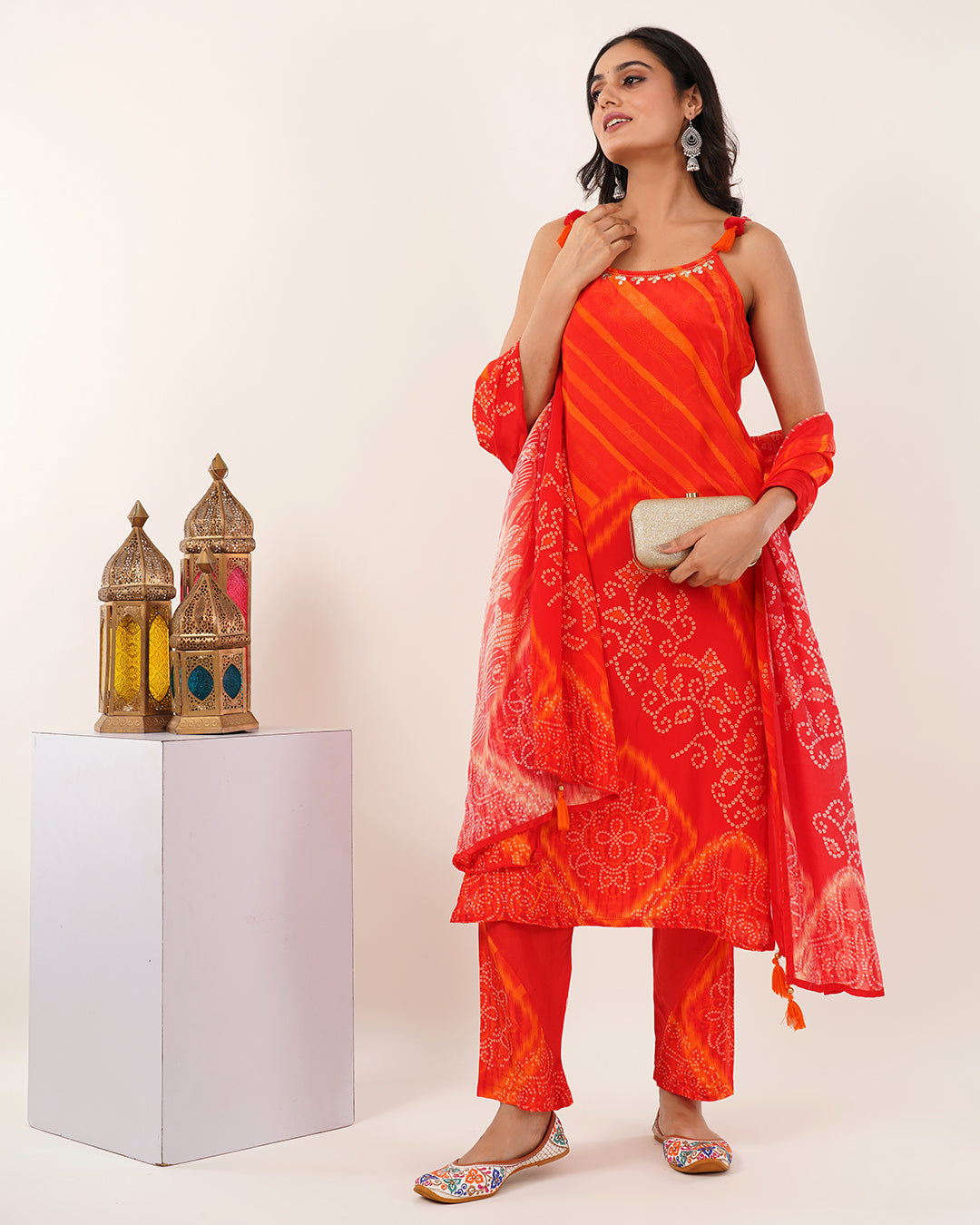 Tangerine Glow Tie-Strap Bandhej Ensemble Kurta Set
