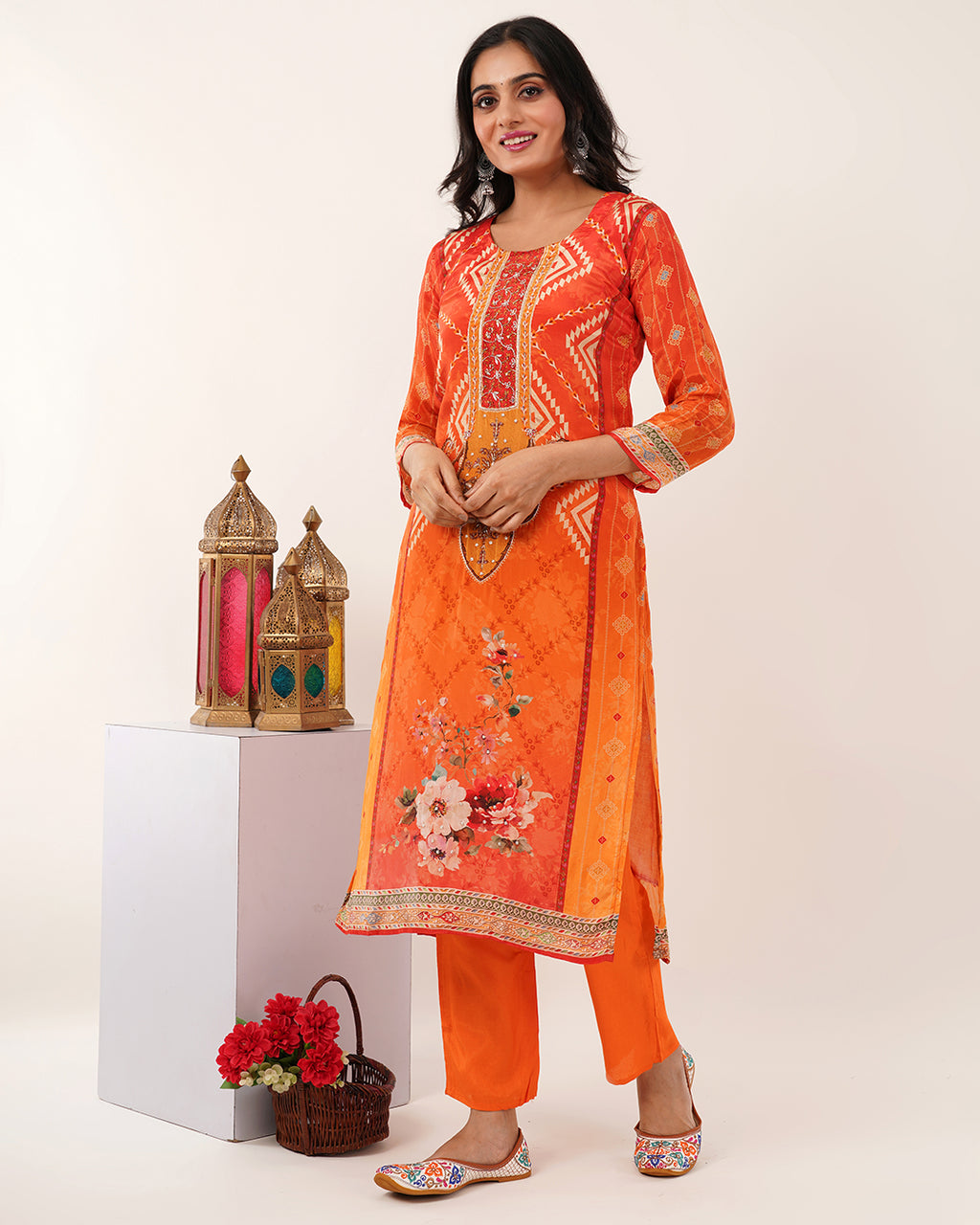 Ember Glow Printed & Embroidered Kurta Set