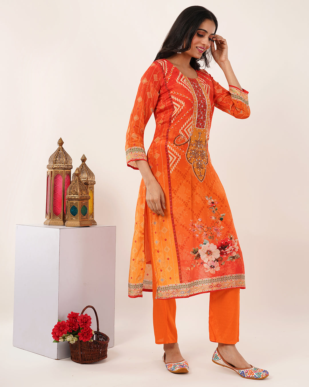 Ember Glow Printed & Embroidered Kurta Set