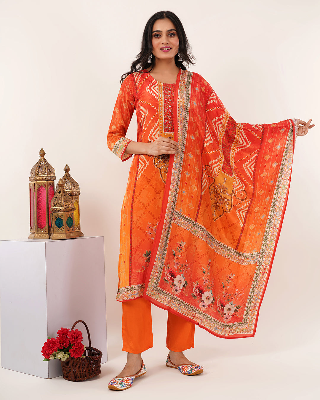Ember Glow Printed & Embroidered Kurta Set