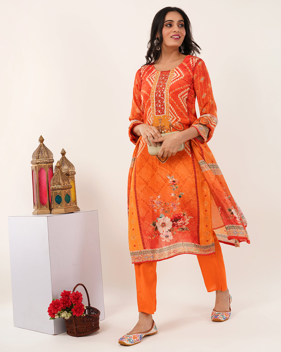 Ember Glow Printed & Embroidered Kurta Set