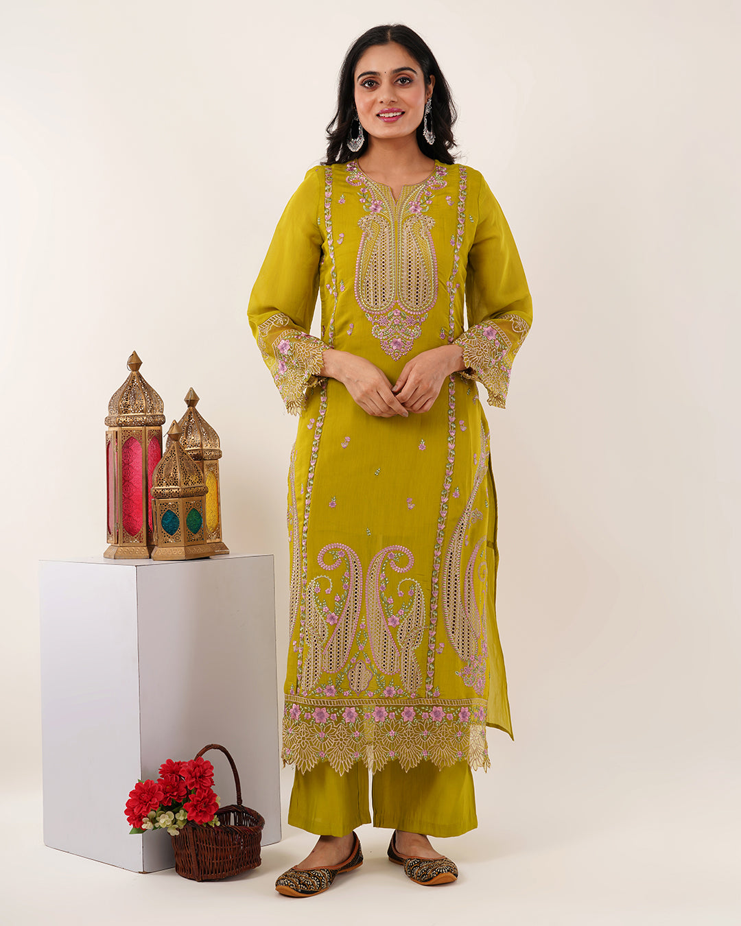 Pakistani Olive Blossom Embroidered Kurta Set