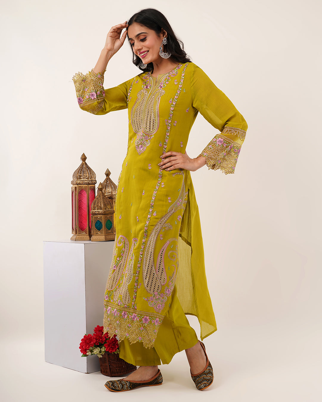 Pakistani Olive Blossom Embroidered Kurta Set