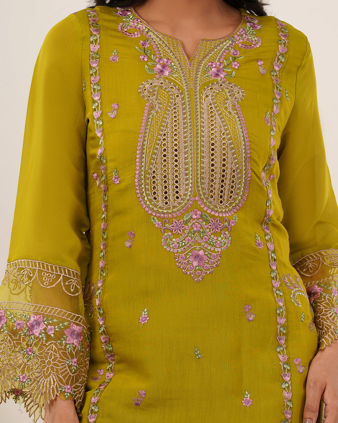 Pakistani Olive Blossom Embroidered Kurta Set