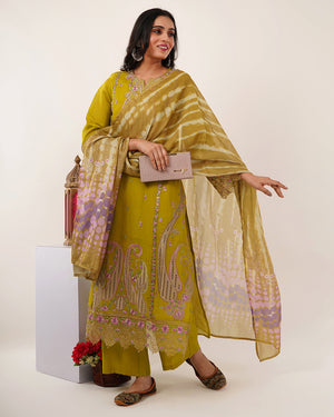 Pakistani Olive Blossom Embroidered Kurta Set
