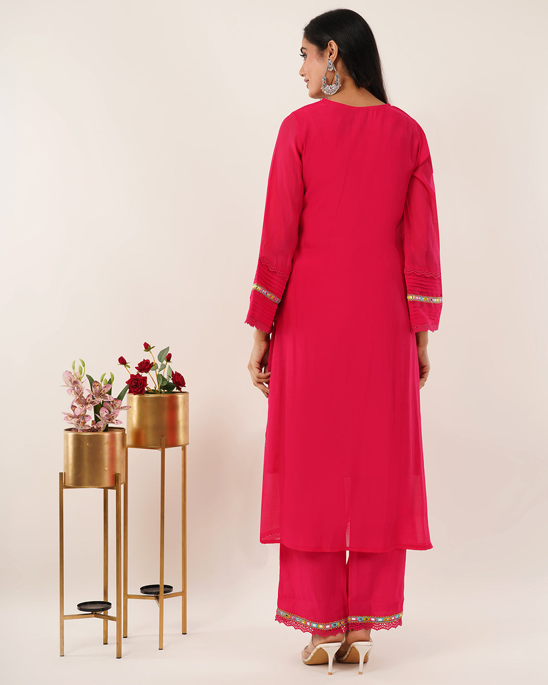 Vibrant Fuchsia Mirror-Work Designer Cotton Kurta Set with Tassel Details