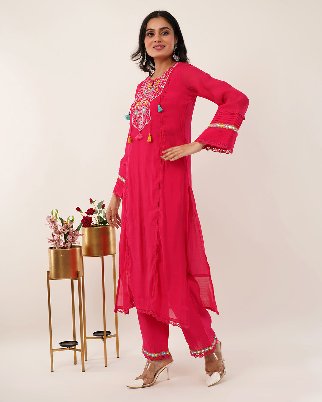 Vibrant Fuchsia Mirror-Work Designer Cotton Kurta Set with Tassel Details
