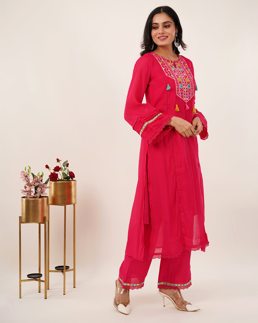 Vibrant Fuchsia Mirror-Work Designer Cotton Kurta Set with Tassel Details
