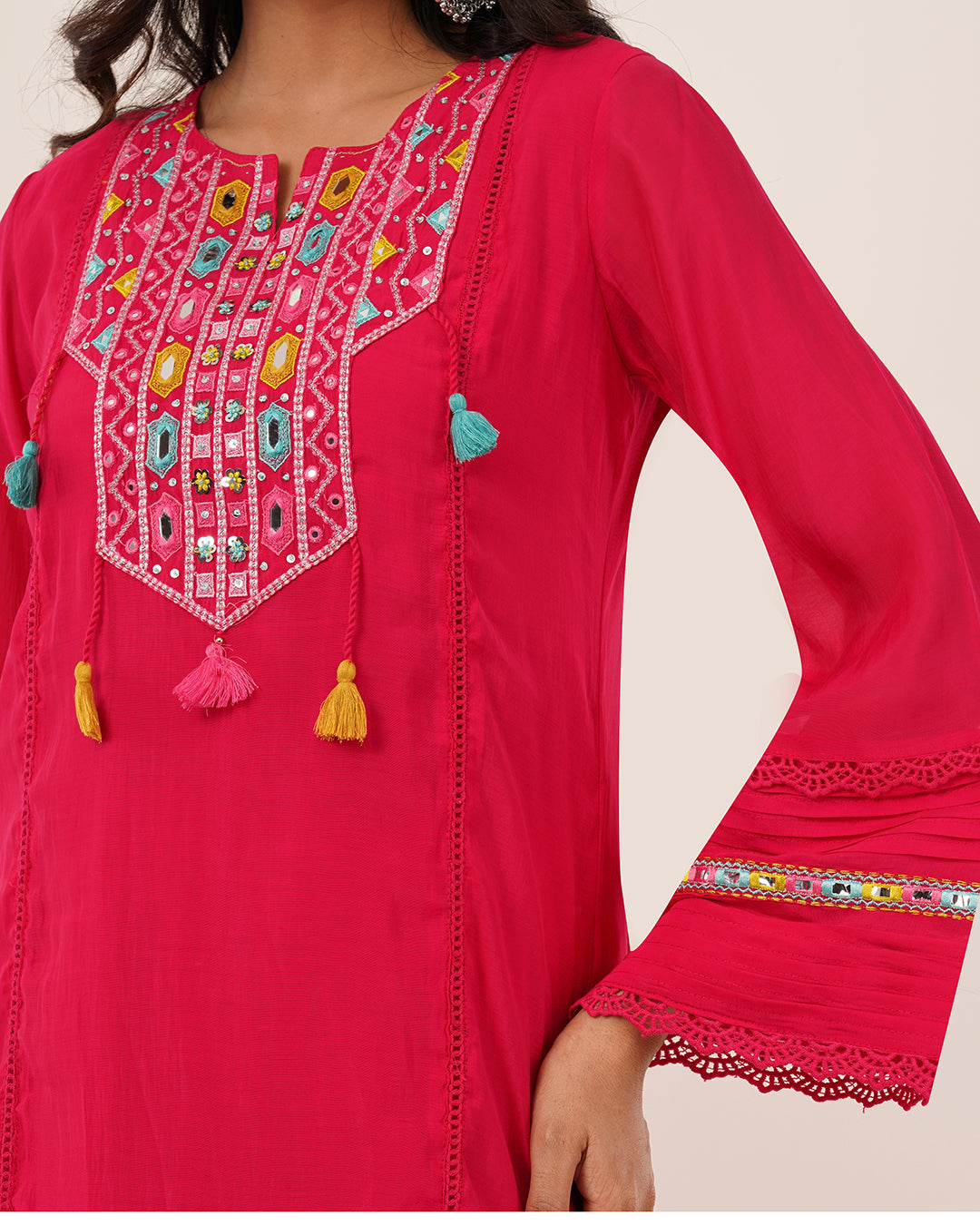 Vibrant Fuchsia Mirror-Work Designer Cotton Kurta Set with Tassel Details