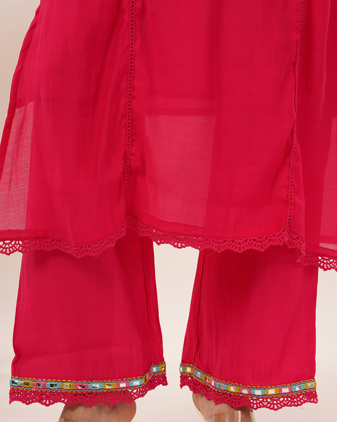 Vibrant Fuchsia Mirror-Work Designer Cotton Kurta Set with Tassel Details