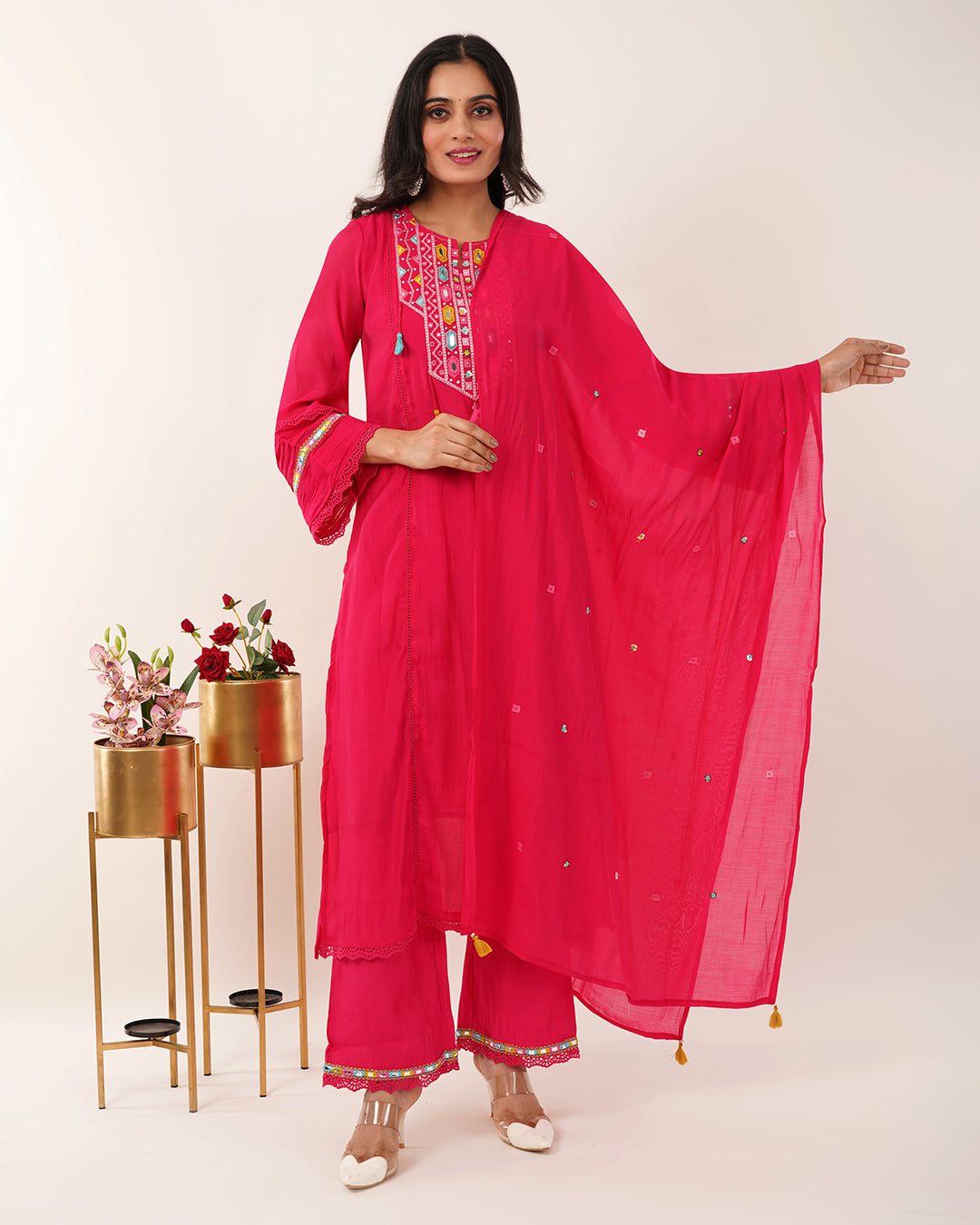 Vibrant Fuchsia Mirror-Work Designer Cotton Kurta Set with Tassel Details