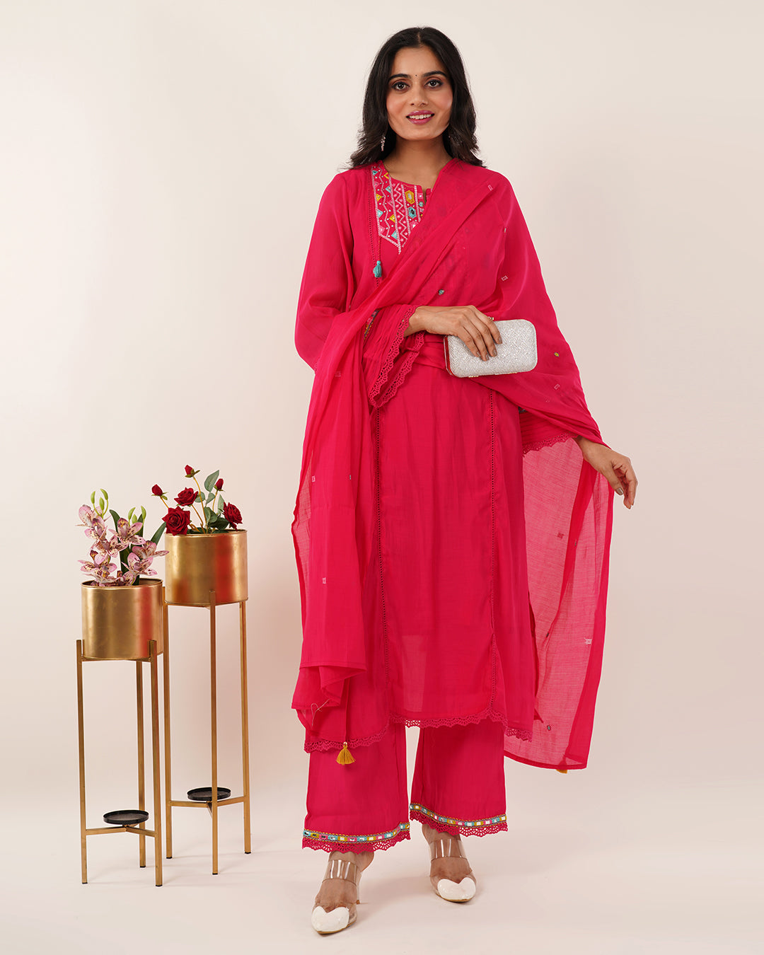 Vibrant Fuchsia Mirror-Work Designer Cotton Kurta Set with Tassel Details