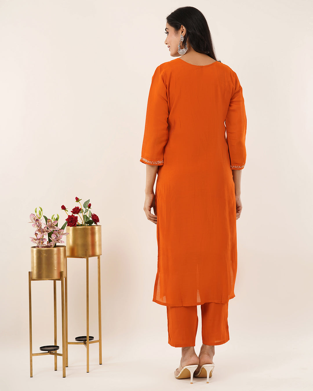 Rust-Orange Hand-Embellished Kurta Set with Banarsi Dupatta