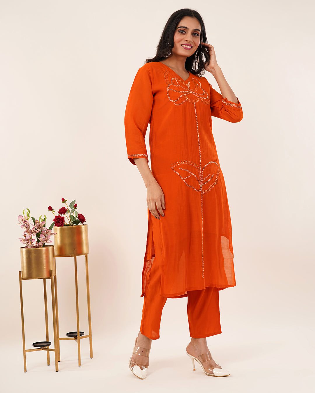 Rust-Orange Hand-Embellished Kurta Set with Banarsi Dupatta
