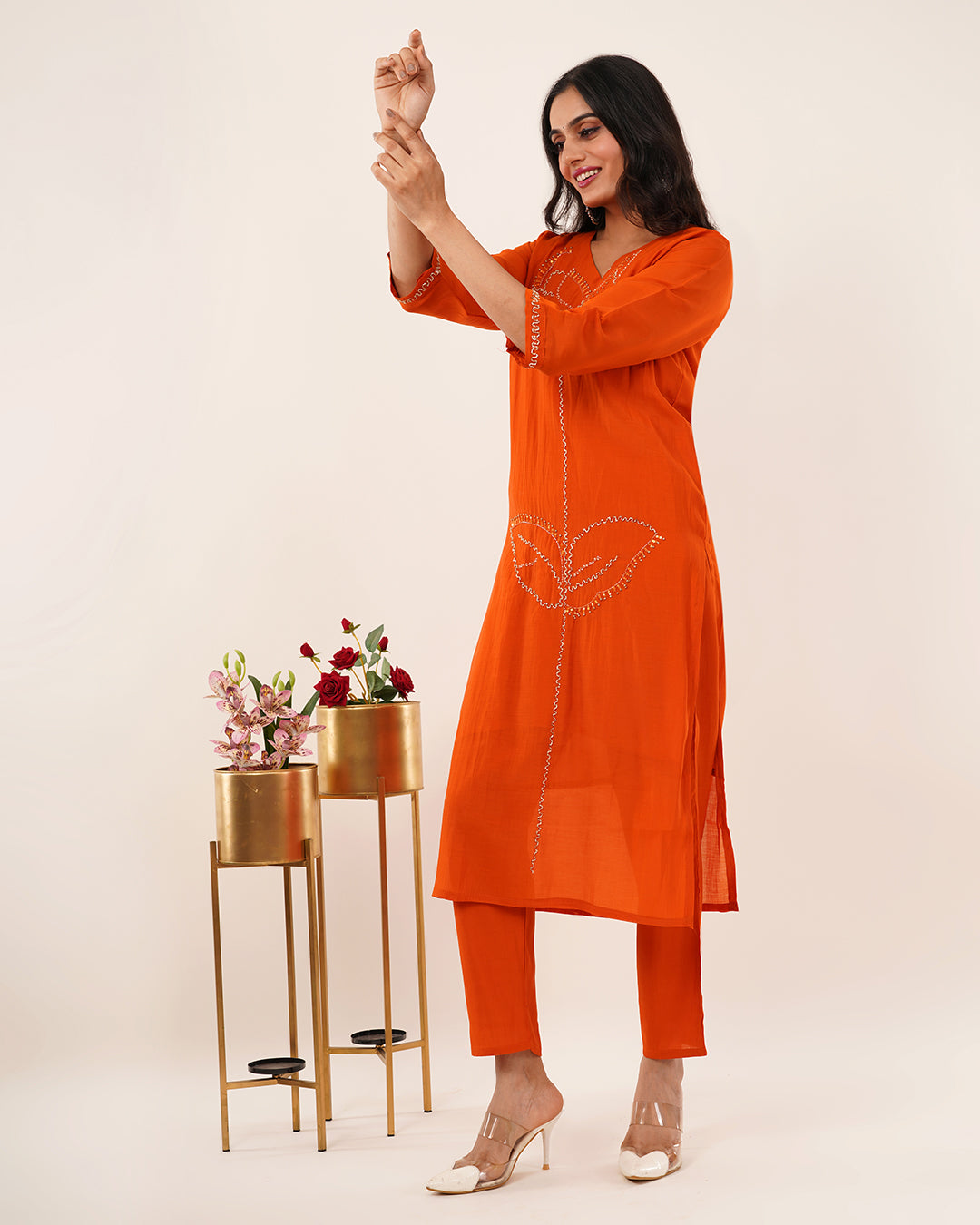 Rust-Orange Hand-Embellished Kurta Set with Banarsi Dupatta