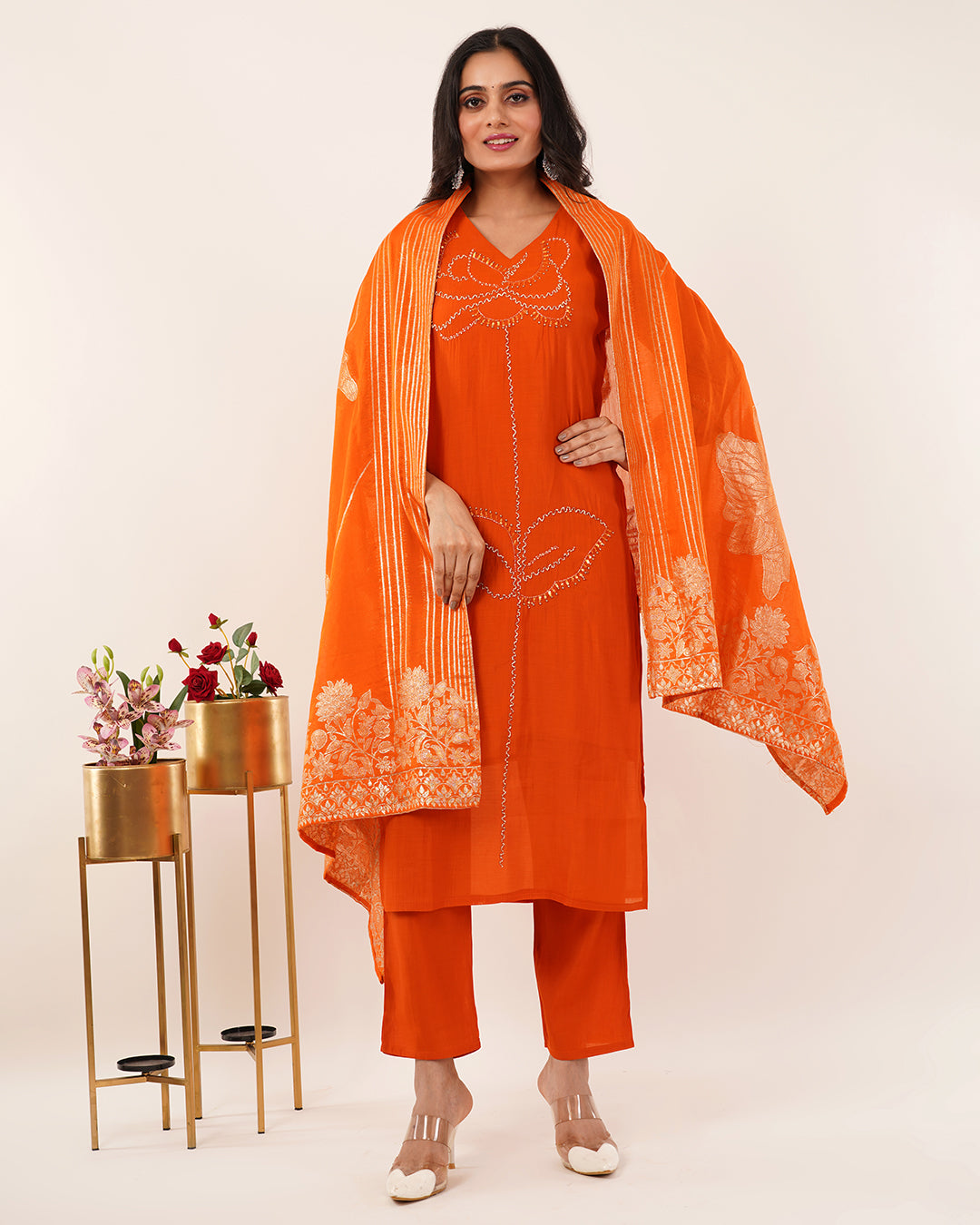 Rust-Orange Hand-Embellished Kurta Set with Banarsi Dupatta